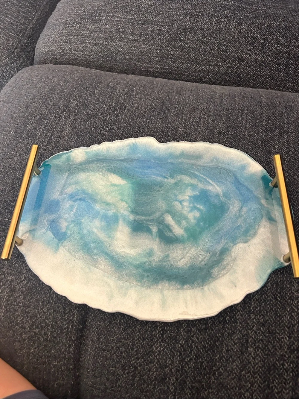 Blue & White Resin Vanity Tray with Gold Handles